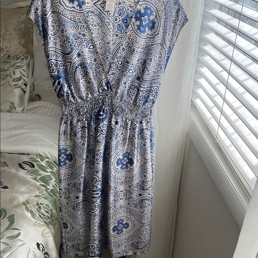 Blue Paisley V-Neck Shirred Waist Dress